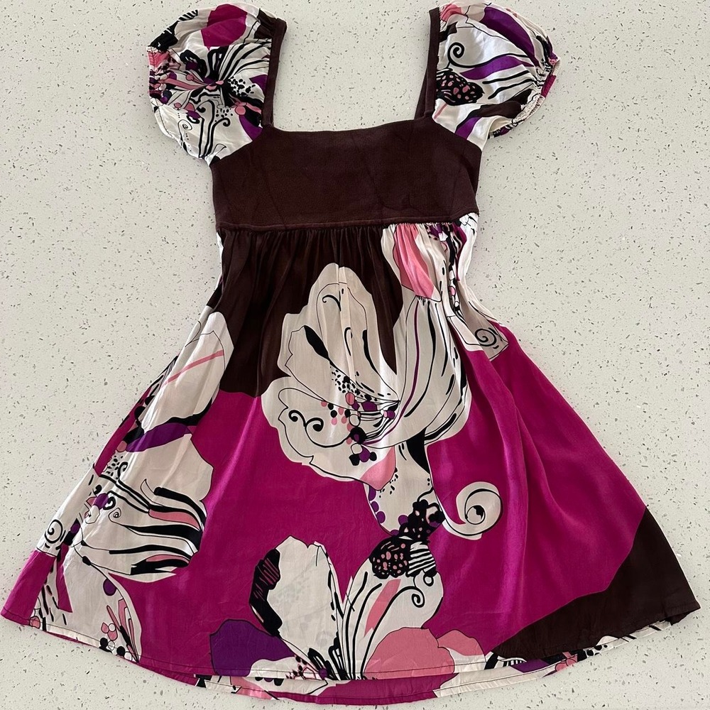 Y2k Bebe Silk Floral Abstract Babydoll Mini Dress Brown Magenta Purple Small